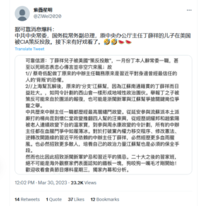 丁薛祥儿子被美国策反，传其自杀并非空穴来风，但被剥夺中办主任职务任闲置