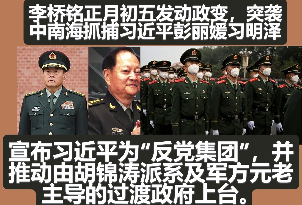 李桥铭正月初五发动政变，突袭中南海抓捕习近平彭丽媛习明泽; 胡锦涛动用了范长龙的威望、李桥铭的陆军、韩胜严的空军以及杨志斌的侦察情报，完成了一次教科书式的军事接管。宣布习近平为&ldquo;反党集团&rdquo;，并推动由胡锦涛派系及军方元老主导的过渡政府上台。